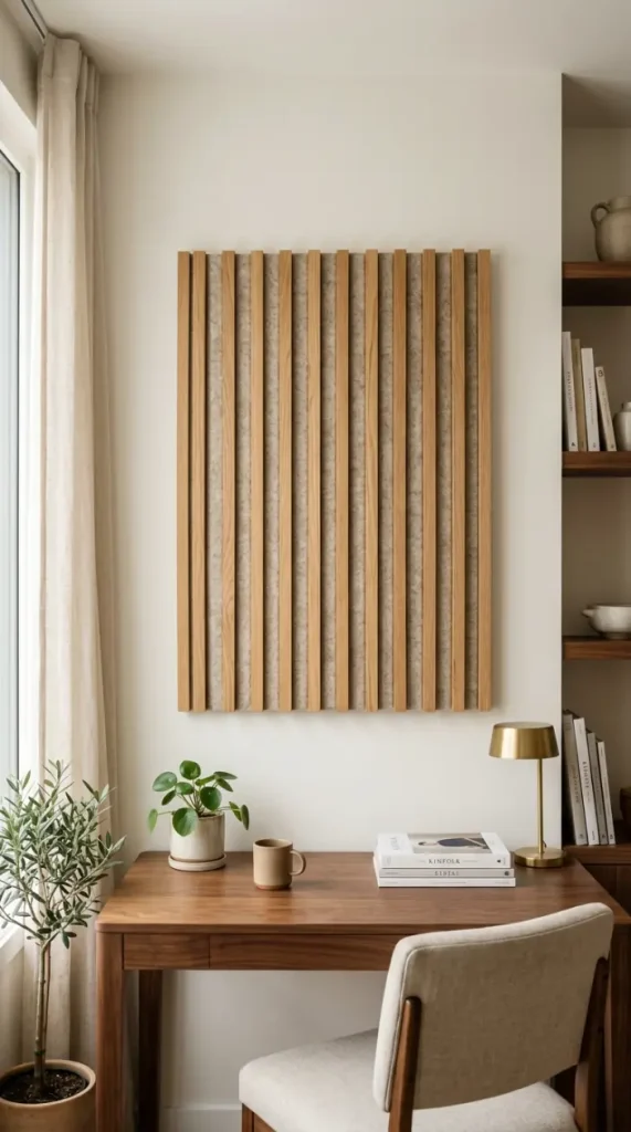 26 Cozy Home Office Warm Wood Linen Neutral Style Ideas 25 25. A Wood and Wool Acoustic Panel for a Quieter Room
