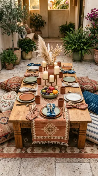 28 Outdoor Patio Ideas for a Boho Layered Living Room 25 25. Boho Patio Table Setting for Outdoor Entertaining