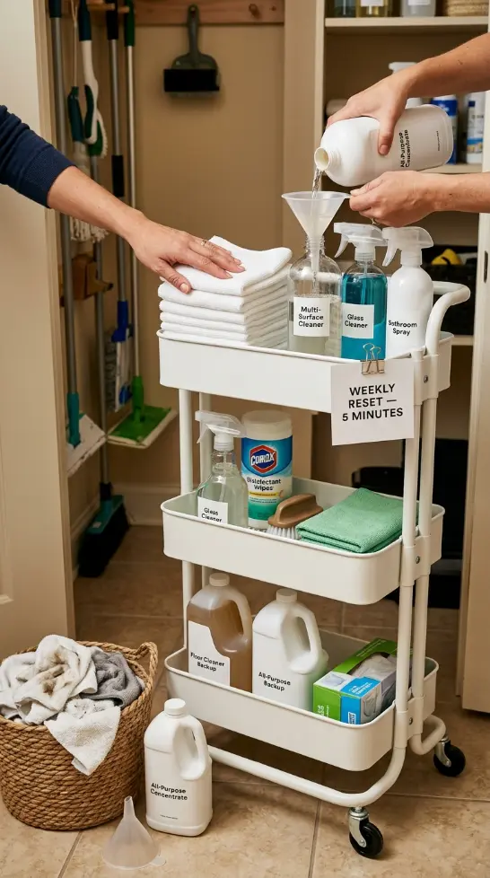 27 Cleaning Closet Organization Tiered Rolling Cart Ideas 25 25. Cleaning Cart Maintenance — Weekly Reset Protocol