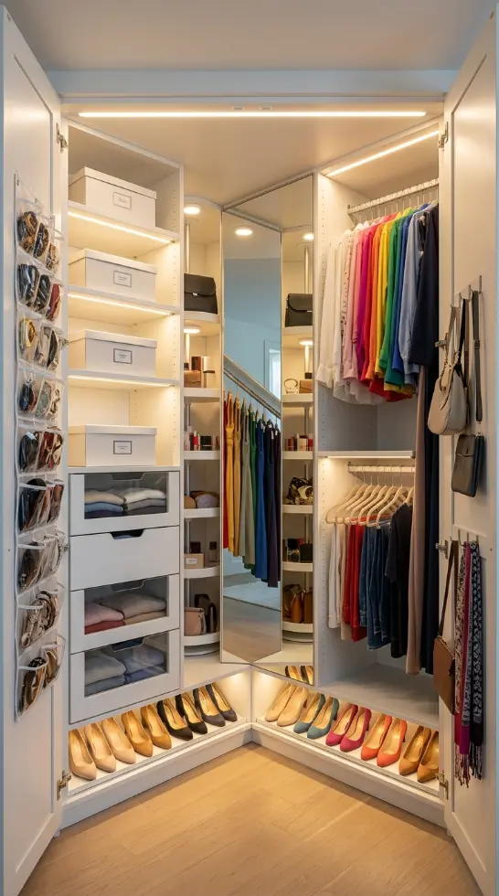 26 Smart Storage Closet Ideas Corner Diagonal Closet 25 25. Corner Diagonal Closet — Smart Organization for Renters, No Damage