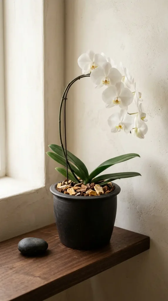 26 Bathroom Shelf Plants Decor Japandi Orchid Minimal 25 25. Dark Shelf with Orchid Bark Medium Visible — Botanical Transparency