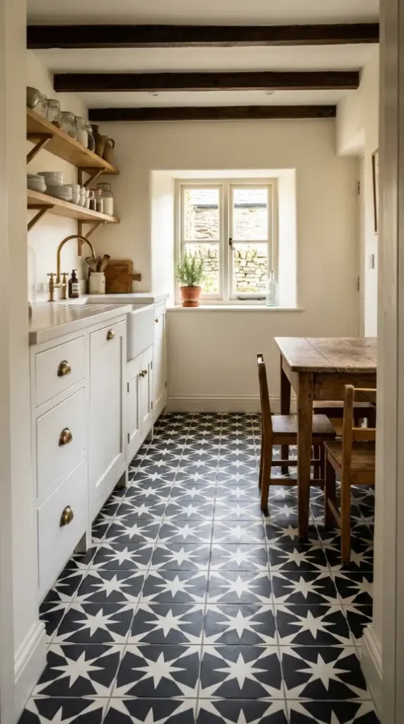 26 Kitchen Flooring Ideas for Farmhouse Black White Encaustic 25 25. Encaustic Floor in a Small Farmhouse Kitchen — Maximum Impact in Minimum Space