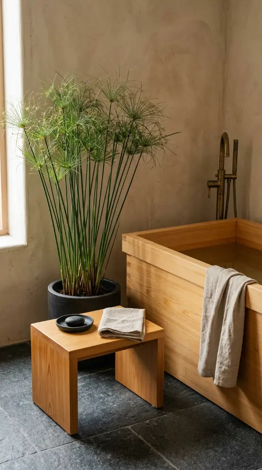 30 Bathroom Plants Decor Japandi Minimal Hinoki Tub Style 25 25. Japandi Bathroom — Hinoki Stool and Plant as Bathing Companion Objects