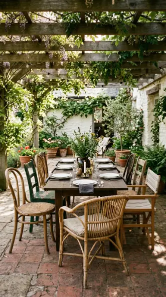 26 Outdoor Patio Ideas With a Cozy Pergola Dining Setup 25 25. Mismatched Vintage Chairs Around the Pergola Table for an Eclectic Cozy Look