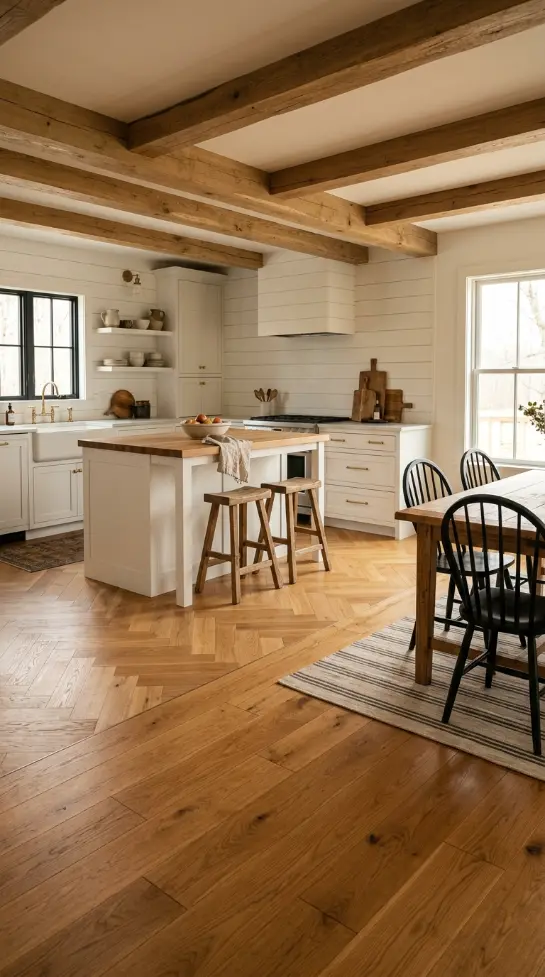 30 Modern Farmhouse Interior Design Seamless Floor Open Plan 25 25. Modern Farmhouse Seamless Floor — Herringbone Oak Section