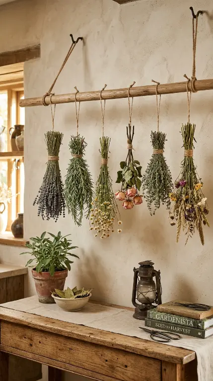 26 Console Table Styling Reclaimed Wood Rustic Farmhouse 25 25. Reclaimed Wood Console With a Dried Herb and Botanical Wall Installation