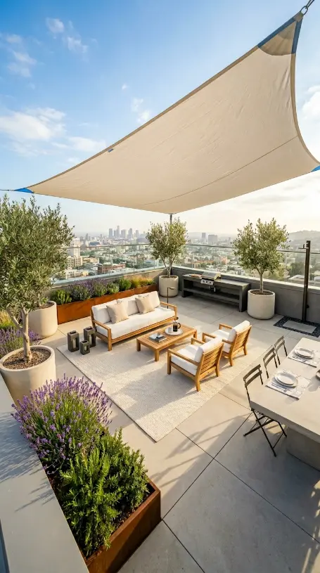26 Minimal Outdoor Living Space Design for a Rooftop Terrace 25 25. The Complete Minimal Rooftop Terrace — Summer Day