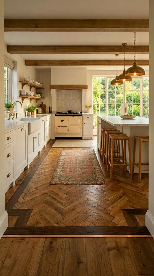 25 Kitchen Flooring Ideas for Farmhouse Herringbone Reclaimed 25 25. The Complete Reclaimed Herringbone Farmhouse Kitchen — All Elements Together