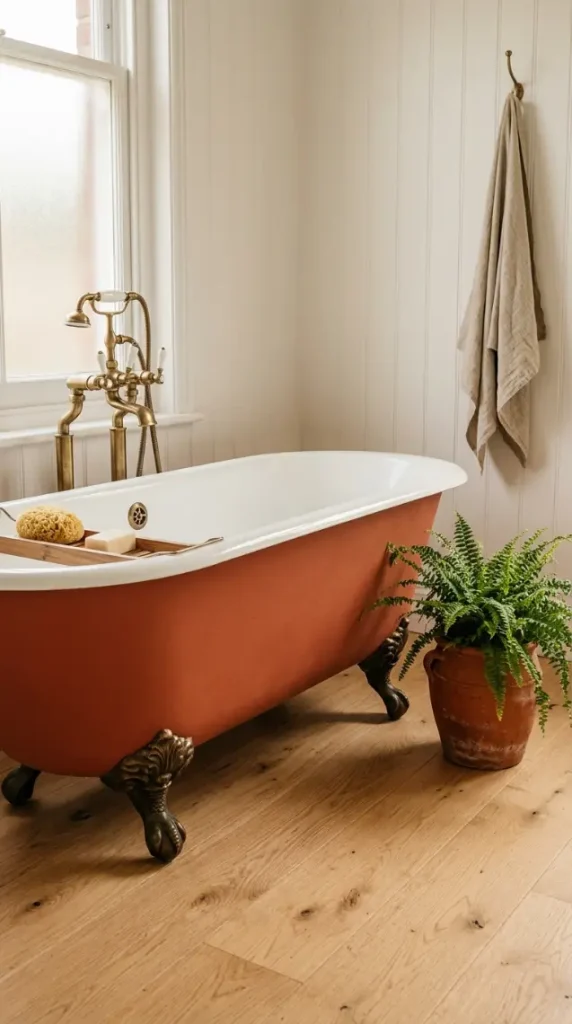 26 Light Wood Flooring for Farmhouse Wire-Brushed Oak Bath 25 25. Wire-Brushed Oak Floor With a Painted Clawfoot Bath in Terracotta
