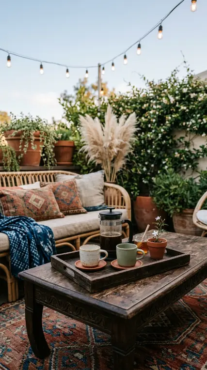 28 Outdoor Patio Ideas for a Boho Layered Living Room 26 26. Boho Patio Morning — The Slow Ritual Space