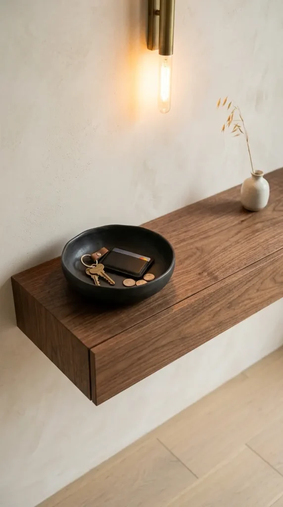 31 Entryway Console Table Ideas Modern Minimal Floating 26 26. Floating Console With a Key Bowl and Everyday Objects Made Beautiful