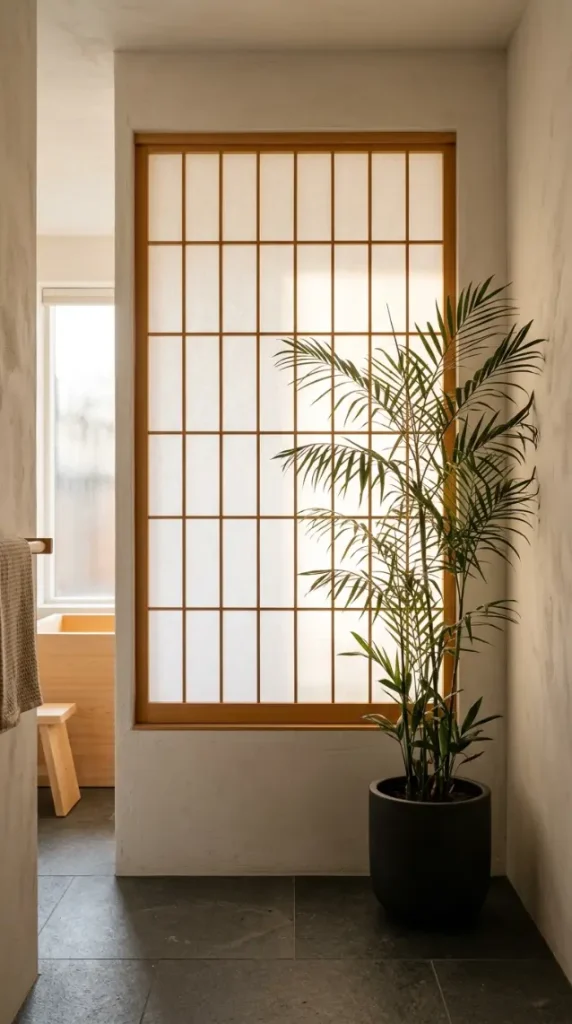 30 Bathroom Plants Decor Japandi Minimal Hinoki Tub Style 26 26. Japandi Bathroom Window — Shoji-Inspired Screen with Plant