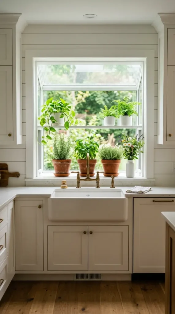 30 Modern Farmhouse Interior Design Seamless Floor Open Plan 26 26. Modern Farmhouse — Greenhouse Kitchen Window