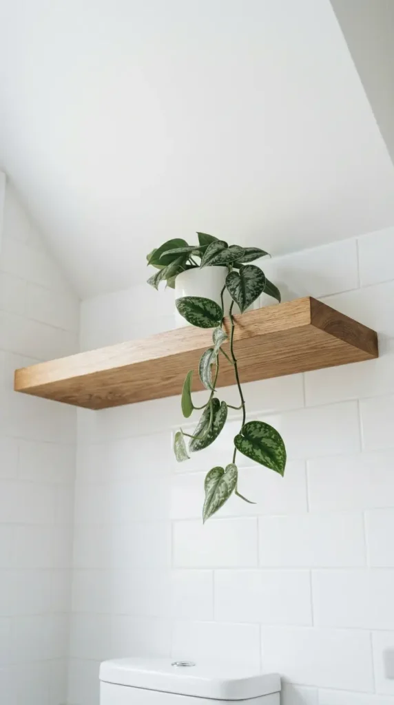28 Minimal Bathroom Plants Decor Inspiration Oak White Style 26 26. Oak Shelf Above the Toilet — Minimal Plant Display