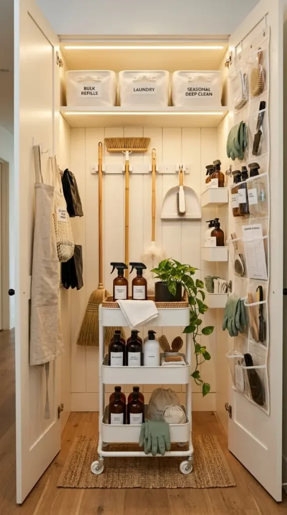 27 Cleaning Closet Organization Tiered Rolling Cart Ideas 26 26. The Complete Cleaning Closet Ecosystem — Cart, Wall, Door, and Shelf Together