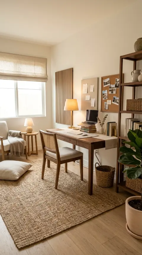 26 Cozy Home Office Warm Wood Linen Neutral Style Ideas 26 26. The Complete Cozy Neutral Office — Every Material Together