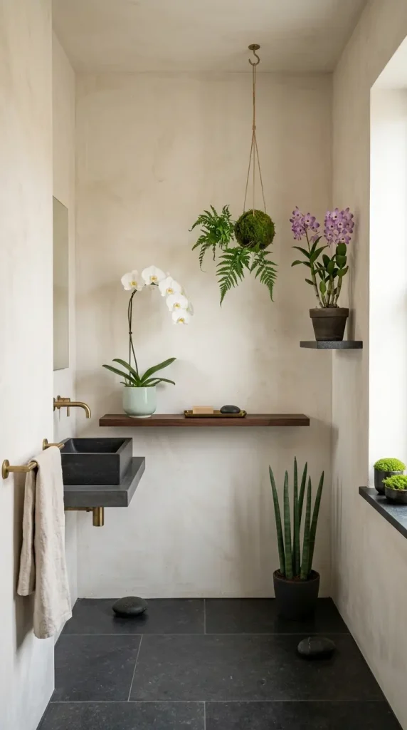 26 Bathroom Shelf Plants Decor Japandi Orchid Minimal 26 26. The Complete Japandi Bathroom Shelf Vision — All Elements Together