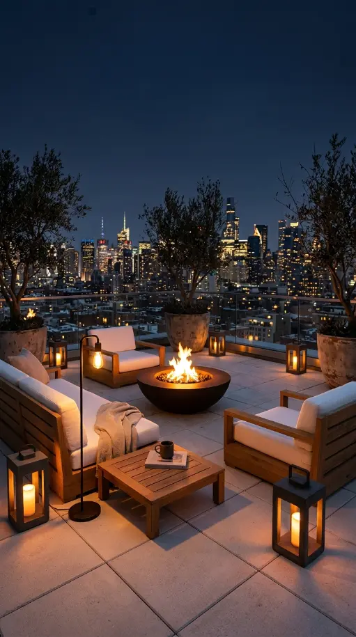 26 Minimal Outdoor Living Space Design for a Rooftop Terrace 26 26. The Complete Minimal Rooftop Terrace — Winter Evening