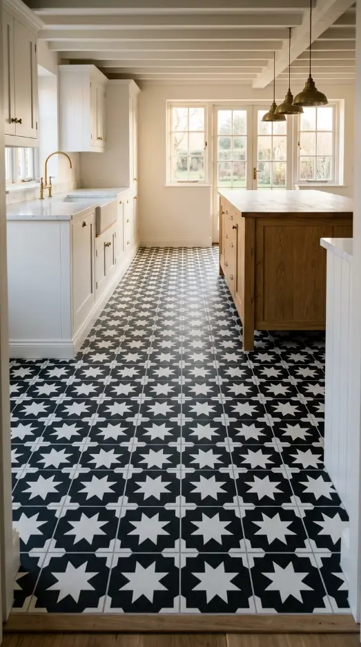 26 Kitchen Flooring Ideas for Farmhouse Black White Encaustic 26 26. The New Encaustic Floor Laid — Before the Kitchen Lives In It