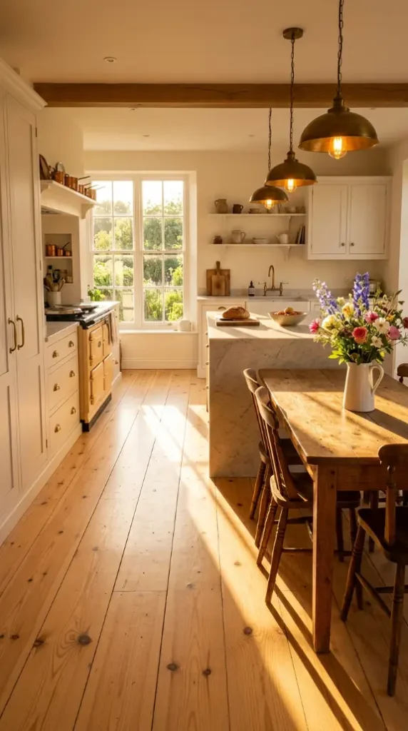 27 Light Wood Flooring for Farmhouse Whitewashed Pine Style 26 26. Whitewashed Pine — Complete Farmhouse Kitchen at Golden Hour