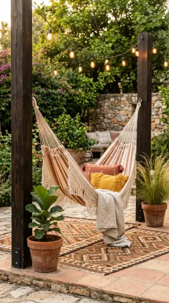 28 Outdoor Patio Ideas for a Boho Layered Living Room 27 27. Boho Patio With Outdoor Hammock Between Timber Posts