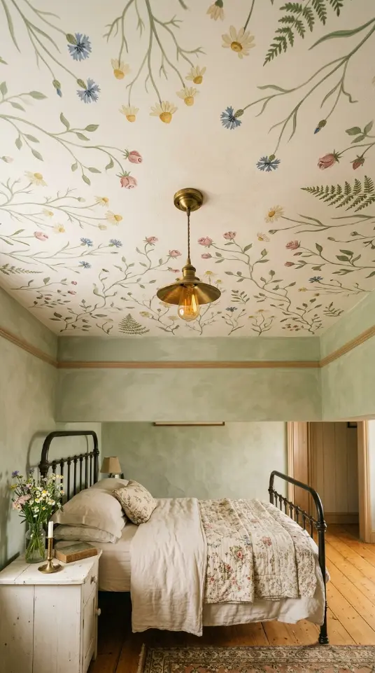 32 Cute Room Ideas for a Dreamy Cottagecore Bedroom 27 27. Cottagecore Bedroom Ceiling Painted With Botanical Motifs