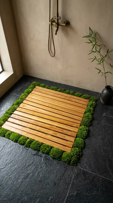 30 Bathroom Plants Decor Japandi Minimal Hinoki Tub Style 27 27. Japandi Bathroom — Cedar or Hinoki Shower Floor with Moss Border
