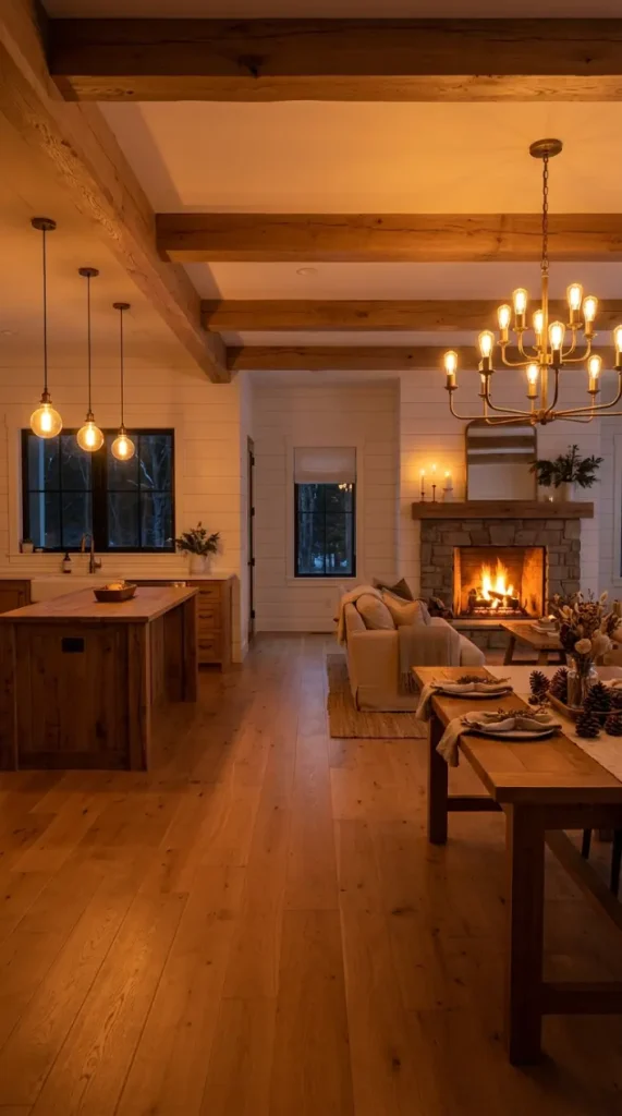 30 Modern Farmhouse Interior Design Seamless Floor Open Plan 27 27. Modern Farmhouse Open Plan — Winter Fireplace Atmosphere