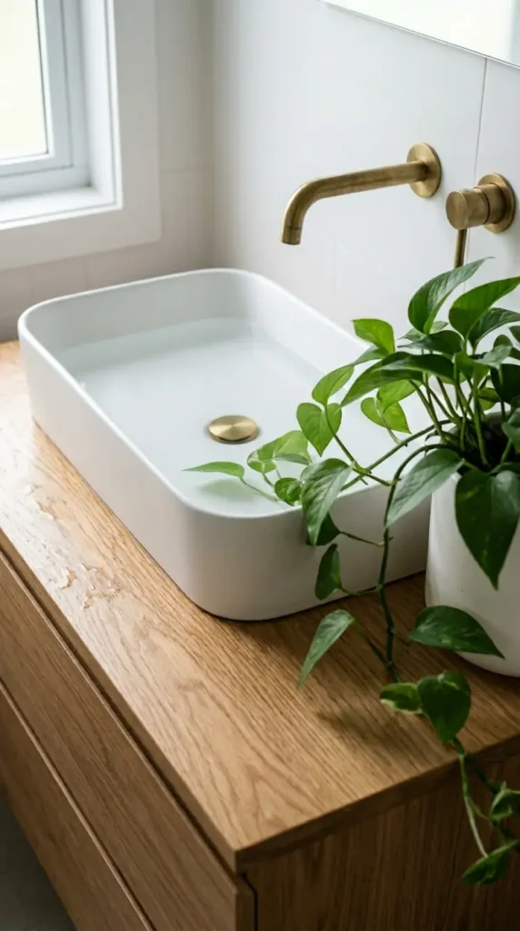 28 Minimal Bathroom Plants Decor Inspiration Oak White Style 27 27. Oak White Bathroom — Plant Reflection in White Ceramic Basin