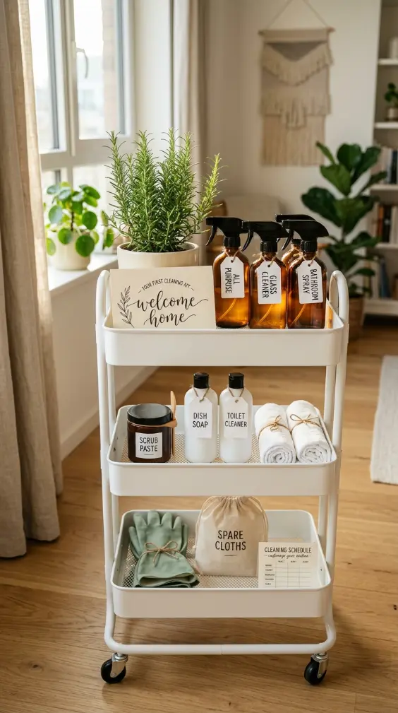 27 Cleaning Closet Organization Tiered Rolling Cart Ideas 27 27. The Rolling Cart as a Gift — Stocked Cleaning Kit for a New Home