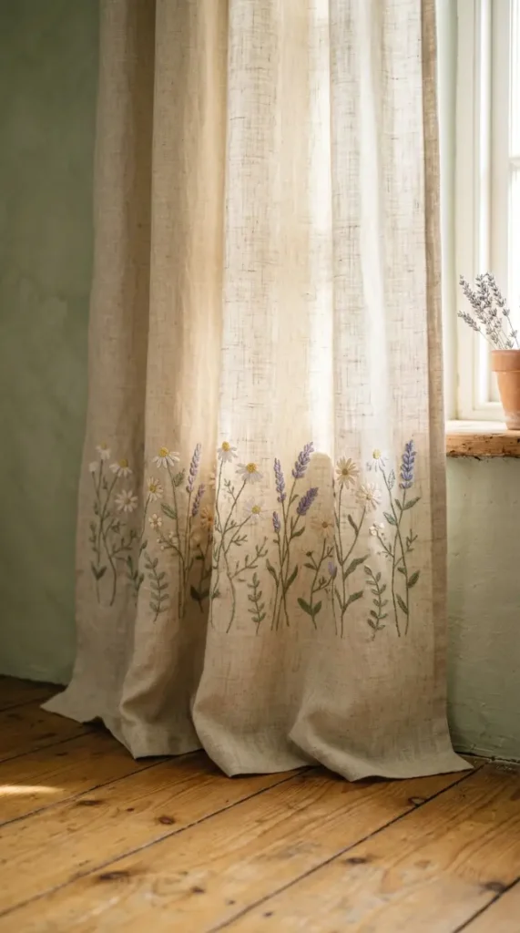 32 Cute Room Ideas for a Dreamy Cottagecore Bedroom 28 28. Cottagecore Bedroom Linen Curtain with Embroidered Hem