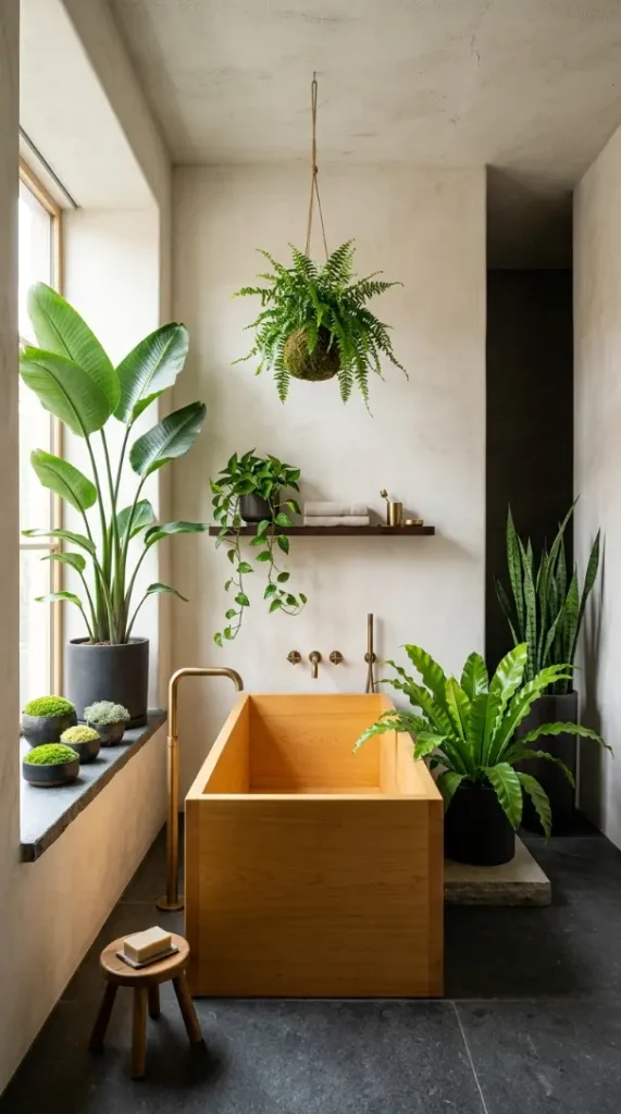 30 Bathroom Plants Decor Japandi Minimal Hinoki Tub Style 28 28. Japandi Bathroom — The Complete Plant Ecosystem