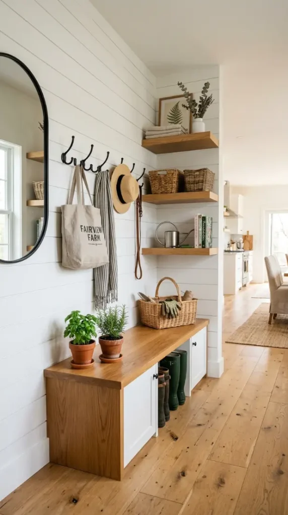 30 Modern Farmhouse Interior Design Seamless Floor Open Plan 28 28. Modern Farmhouse — Potting Shed Mudroom Transition