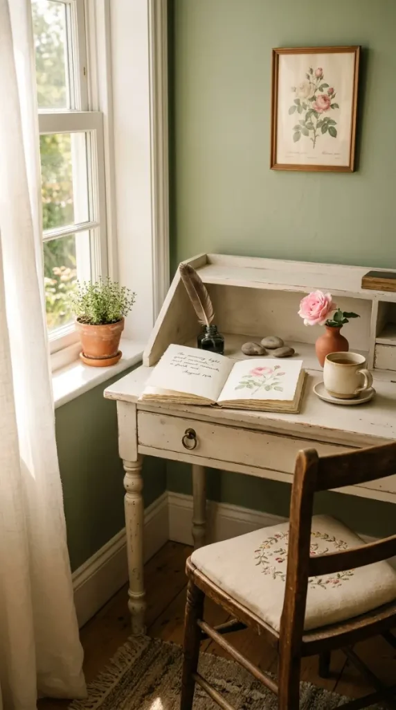 32 Cute Room Ideas for a Dreamy Cottagecore Bedroom 29 29. Cottagecore Bedroom With a Writing Desk by the Window