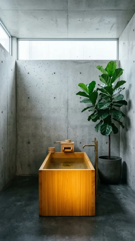 30 Bathroom Plants Decor Japandi Minimal Hinoki Tub Style 29 29. Japandi Bathroom — Raw Concrete and Hinoki with a Single Ficus
