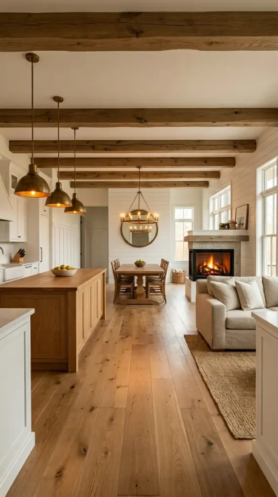 30 Modern Farmhouse Interior Design Seamless Floor Open Plan 29 29. Modern Farmhouse Open Plan — Full Kitchen to Living View