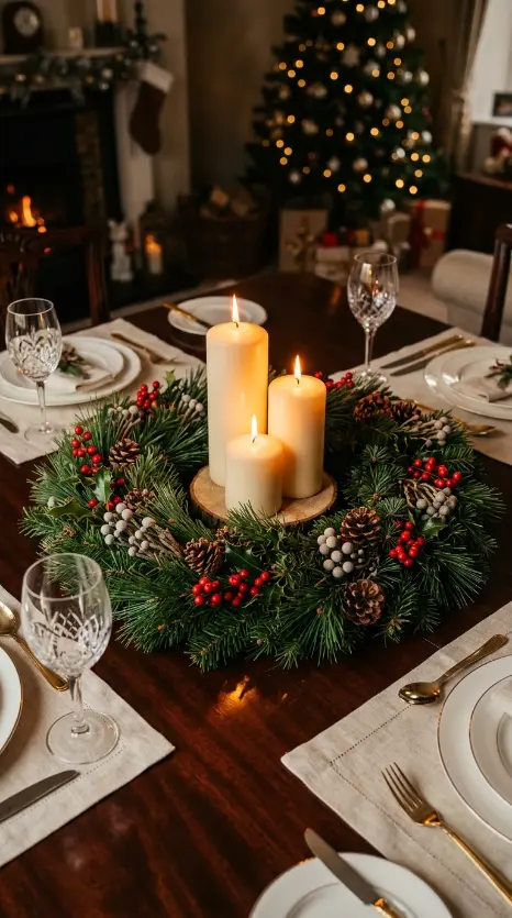13 Festive Table Decorations Candles Classic Christmas Green 3 3. A Fresh Pine Wreath Centerpiece With Candles in the Center