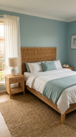 17 Bedroom Aesthetic Coastal Grandmother Sea Glass Blue 3 3. A Rattan Bed Frame as the Structural Heart of the Room