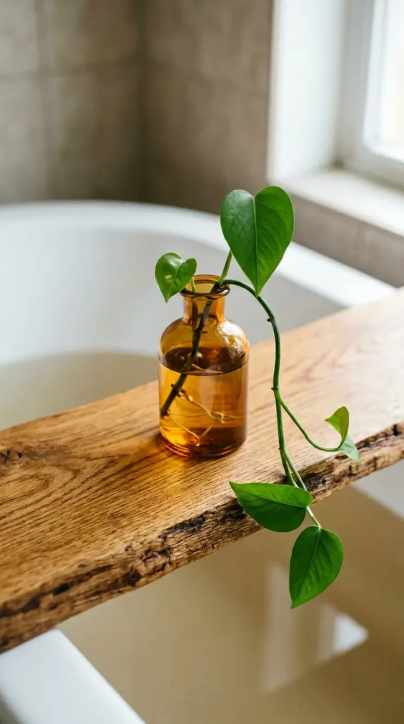 10 Bathtub Tray Ideas Boho Rattan Warm Earthy Style 3 3. Add a Single Trailing Plant Cutting in a Small Amber Glass Vessel