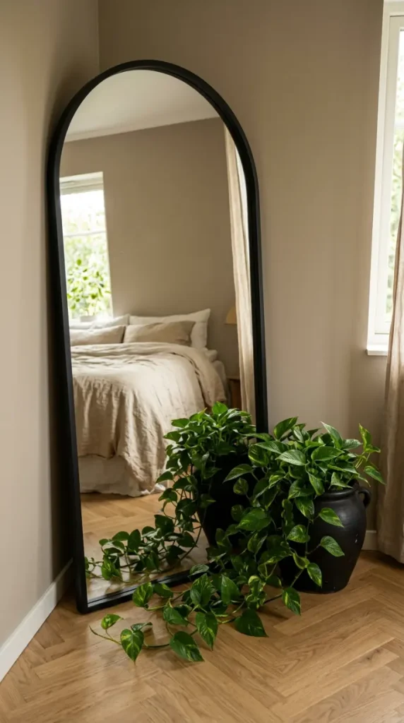 14 Big Mirror in Bedroom Leaning Arch Black Frame Greige 3 3. Arch Mirror Leaned Against the Bedroom Corner With Trailing Plant