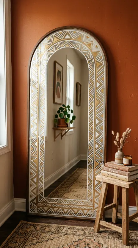 15 Decorated Mirror Hand Painted Arch Entryway Eclectic Wall 3 3. Arch Mirror With Hand Painted Geometric Border Directly on the Glass