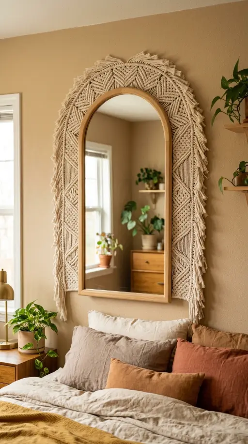 13 Decorated Mirror Boho Macrame DIY Bedroom Earthy Wall 3 3. Arch Mirror With Macrame Wall Hanging Mounted Behind It