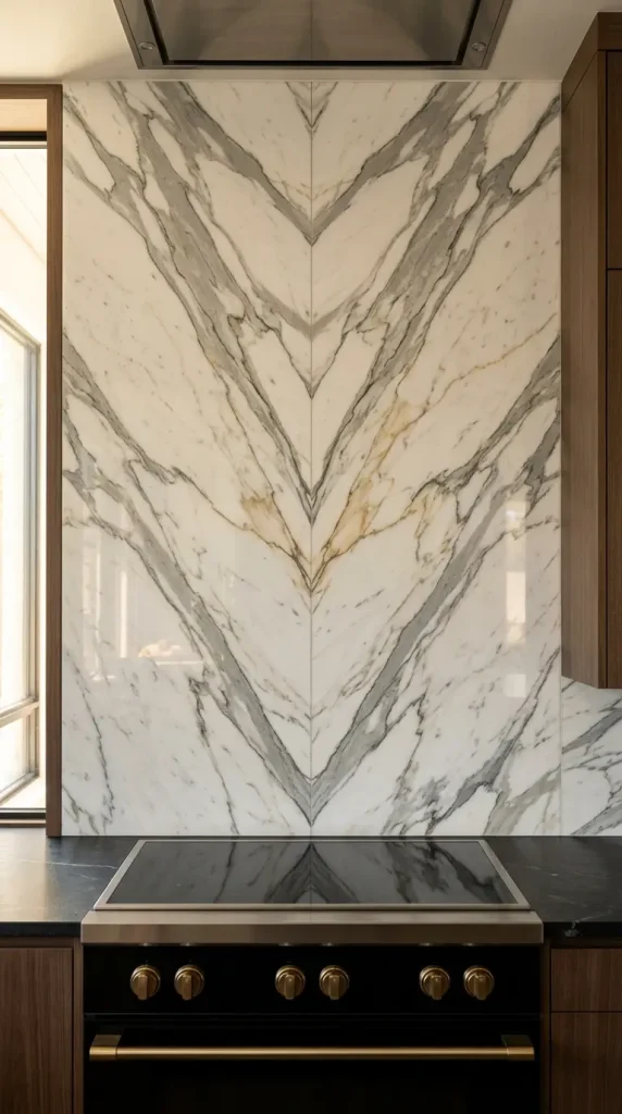 16 Minimalist Luxury Kitchen Sculptural Island Calacatta Stone Brass 3 3. Calacatta Slab Backsplash With Maximum Veining Match