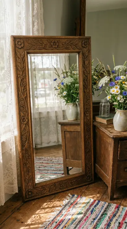 12 Floor Mirror Bedroom Cottagecore Wooden Morning Light 3 3. Carved Wood Mirror Reflecting a Vase of Wildflowers