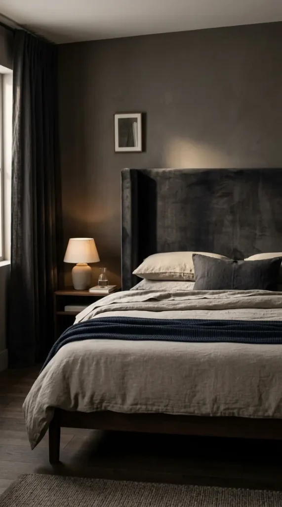 13 Minimalist Luxury Bedroom Dark Moody Charcoal Dramatic Calm 3 3. Charcoal Velvet Upholstered Bed Frame
