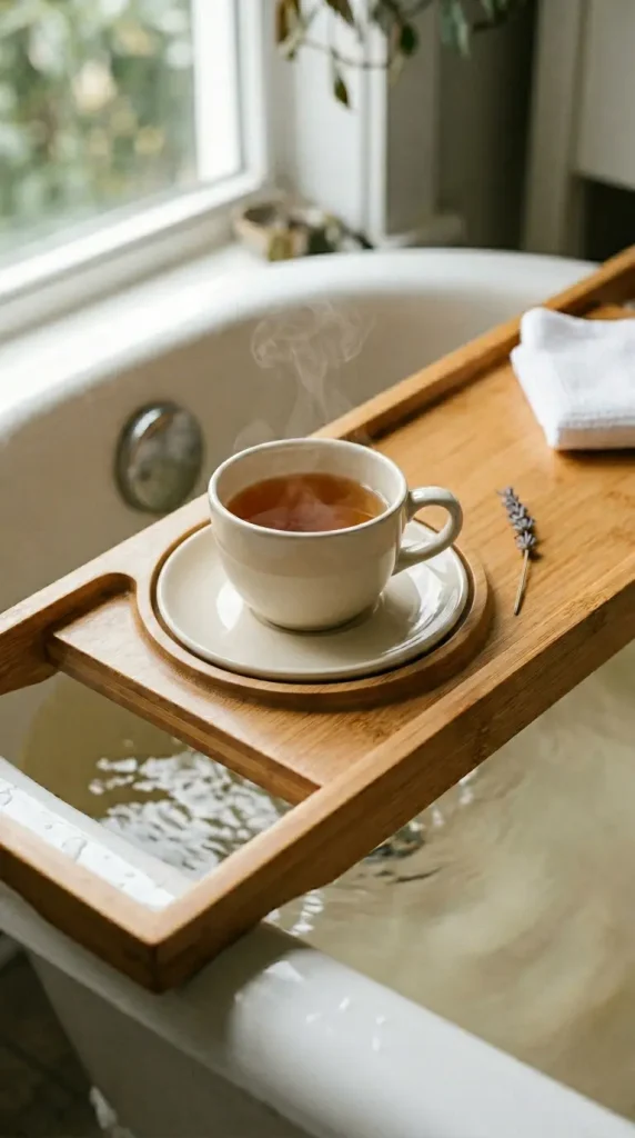 16 Rustic Bathtub Tray Ideas for a Spa Style Bamboo Tub 3 3. Circular Cup Cutout for Secure Drinkware