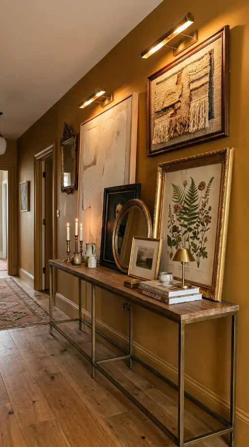 18 Console Table Decor Maximalist Gallery Wall Picture Lights 3 3. Console with Stacked Art — Leaning Frames in Layers