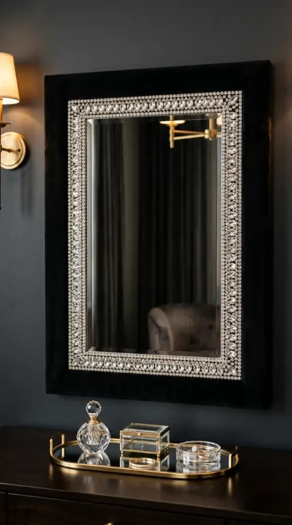 16 Bedazzled Mirror Vanity Crystal Old Hollywood Glam Decor 3 3. Crystal Bedazzled Mirror With Black Velvet Lined Frame Edge