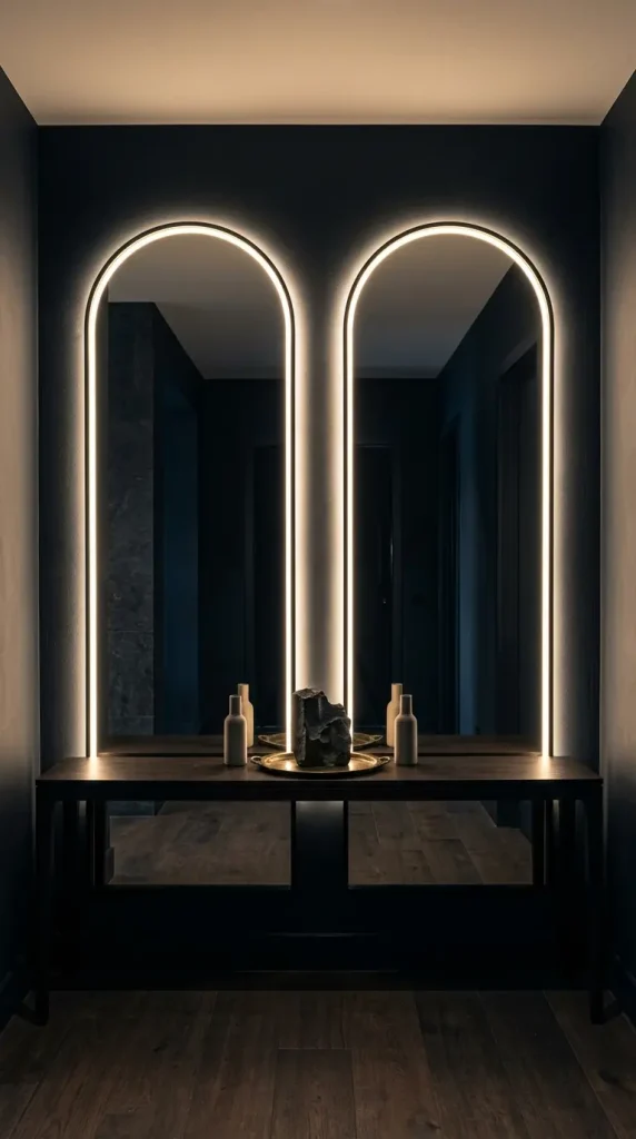 12 Hallway Mirror Ideas Arch LED Backlit Dark Luxury 3 3. Double the Arch with Two Side by Side LED Backlit Arch Mirrors