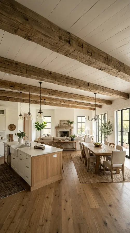 30 Modern Farmhouse Interior Design Seamless Floor Open Plan 3 3. Exposed Ceiling Beams Across the Open Plan